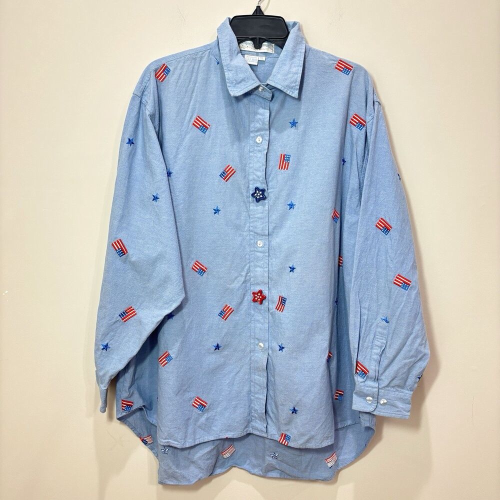 VTG Casey Coleman Shirt Women XL Blue Chambray Embroidered USA Flag Stars July 4
